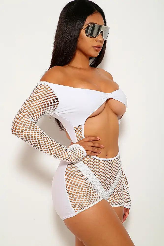 White Netted Off The Shoulder Swimsuit - AMIClubwear