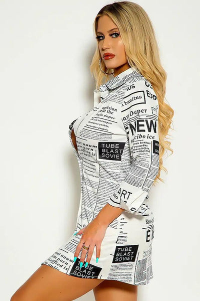 White Newspaper Print Long Sleeve Button Up Dress - AMIClubwear