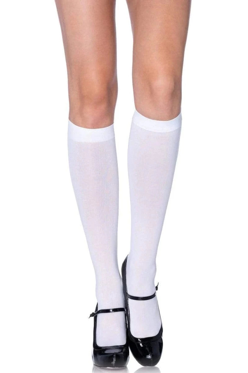 White Nylon Opaque Knee High Socks - AMIClubwear