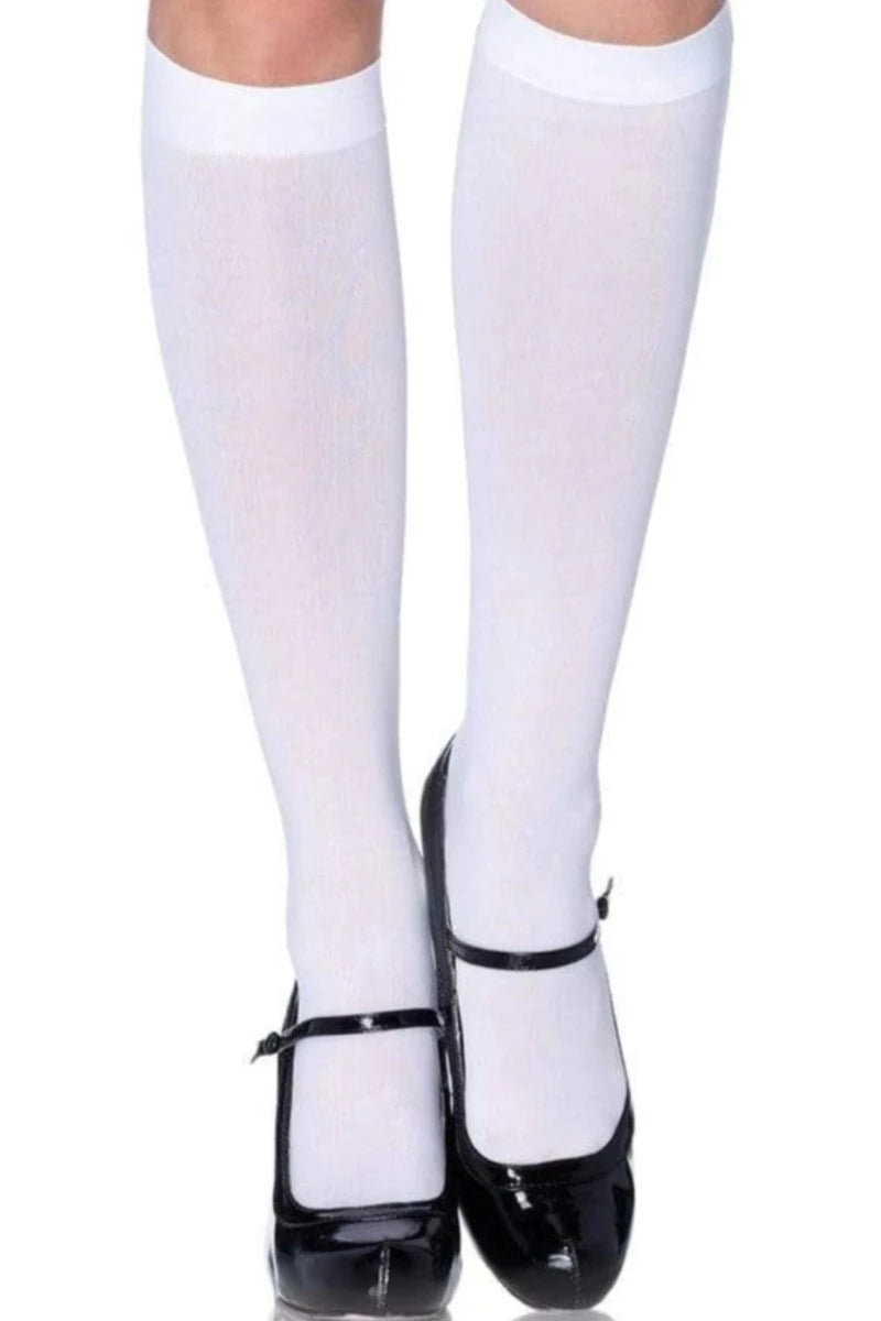 White Nylon Opaque Knee High Socks - AMIClubwear