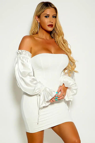 White Off the Shoulder Faux Satin Long Sleeve Party Dress - AMIClubwear