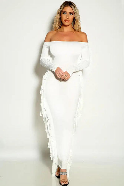 White Off The Shoulder Long Sleeve Fringe Detail Maxi Dress - AMIClubwear
