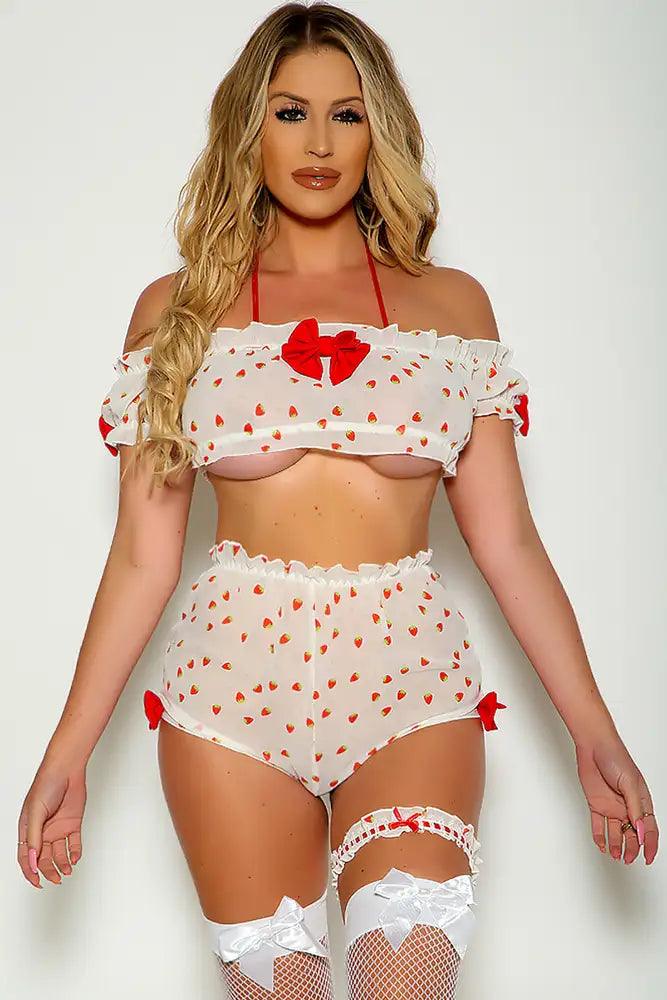 White Off The Shoulder Ruffled Strawberry Print Two Piece Lingerie - AMIClubwear