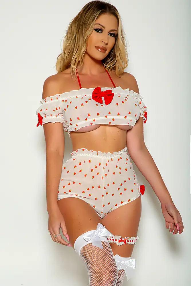 White Off The Shoulder Ruffled Strawberry Print Two Piece Lingerie - AMIClubwear