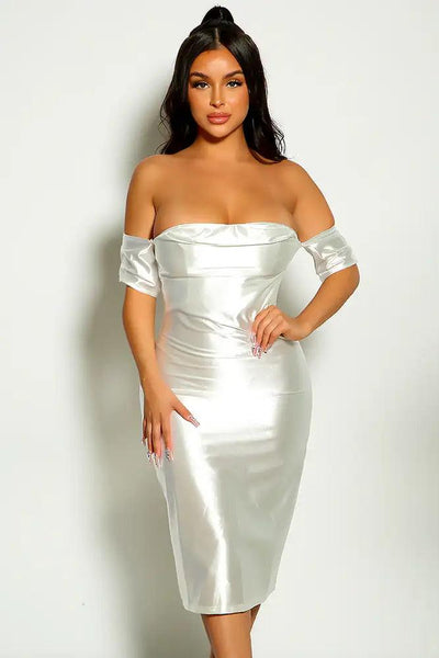 White Off The Shoulder Short Sleeve Faux Satin Party Dress - AMIClubwear