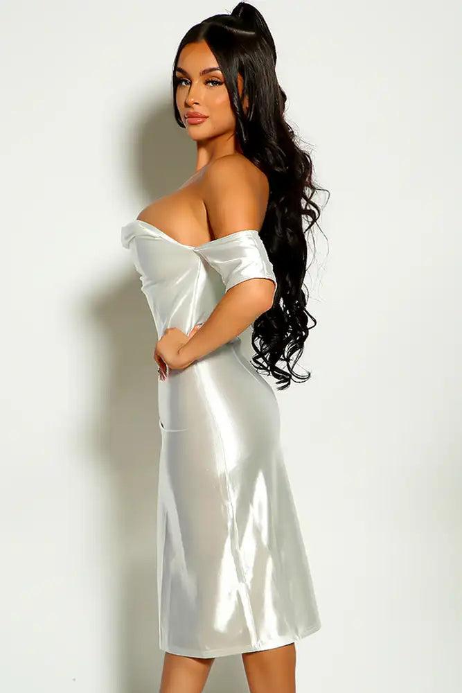 White Off The Shoulder Short Sleeve Faux Satin Party Dress - AMIClubwear