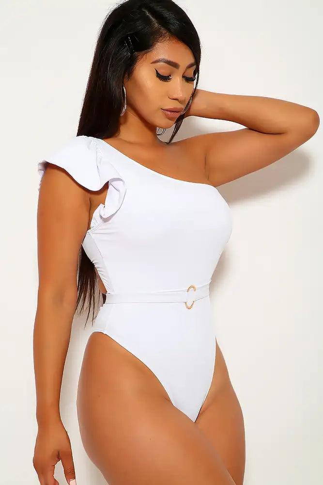 White One Shoulder Ruffled Swimsuit - AMIClubwear
