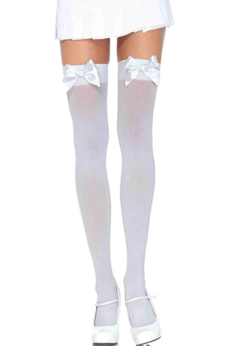 White Opaque Satin Bow Thigh Highs - AMIClubwear