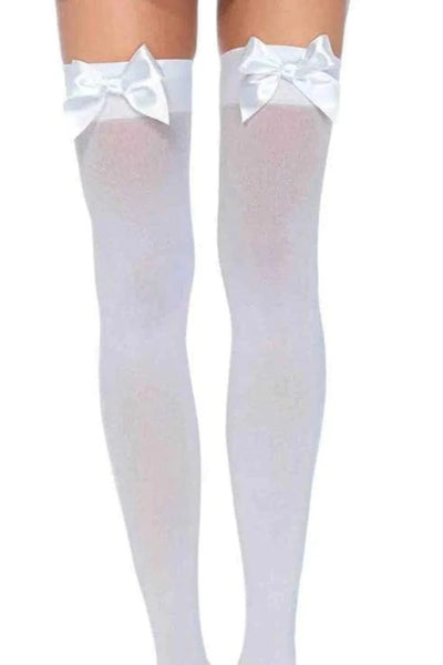 White Opaque Satin Bow Thigh Highs - AMIClubwear