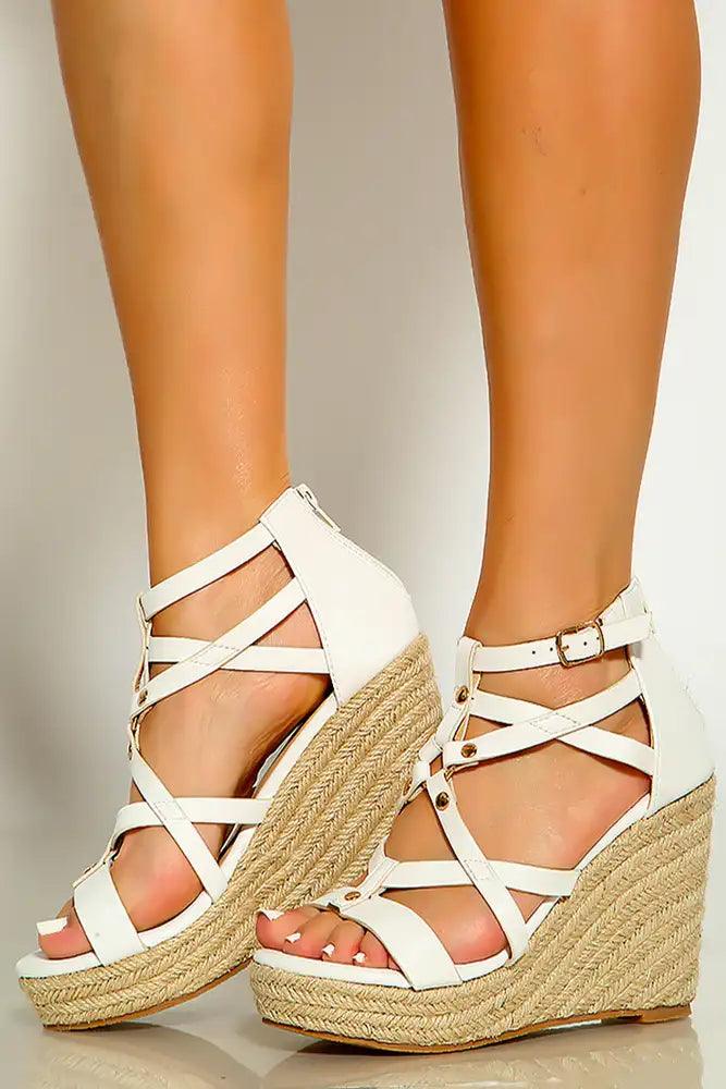 White Open Toe Caged Detail Espadrille Platform Wedges - AMIClubwear