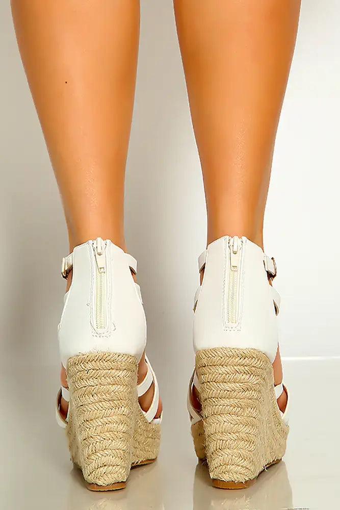 White Open Toe Caged Detail Espadrille Platform Wedges - AMIClubwear
