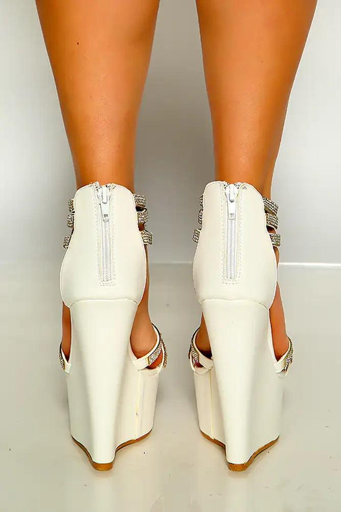 White Open Toe Rhinestone Strappy Platform Wedges - AMIClubwear