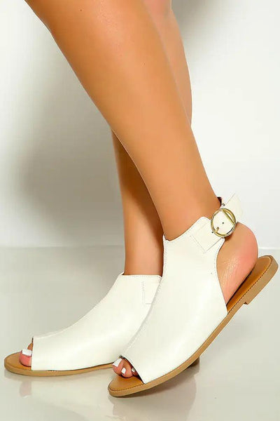 White Open Toe Side Buckle Sandals Faux Leather - AMIClubwear