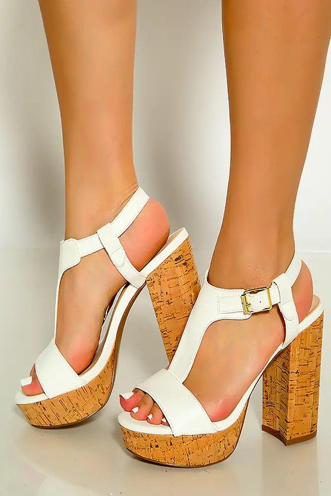 White Open Toe T-Strap Cork Platform High Heels - AMIClubwear