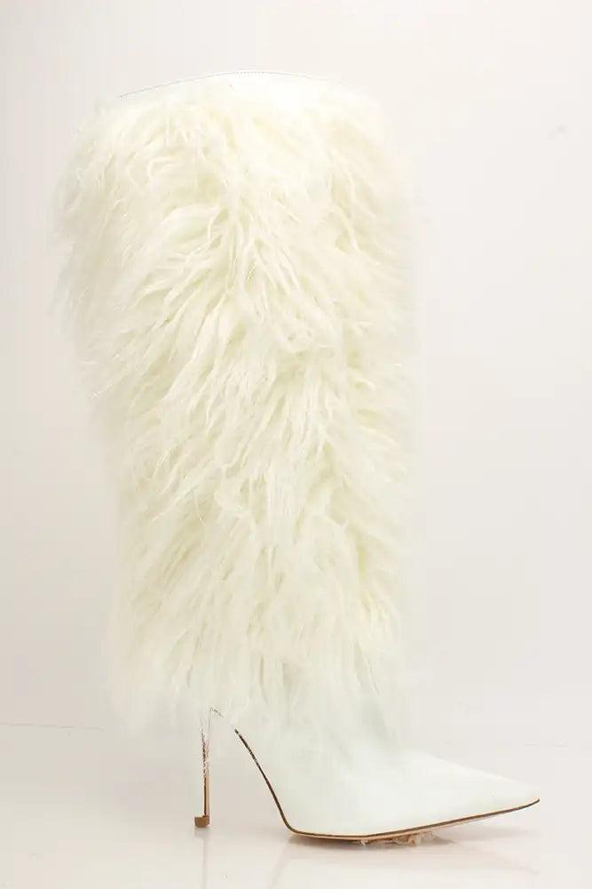 White Patent Fur Tall Furry Heel Boots Style 2 Ways - AMIClubwear