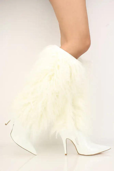 White Patent Fur Tall Furry Heel Boots Style 2 Ways - AMIClubwear