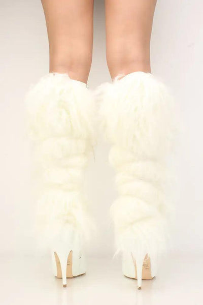 White Patent Fur Tall Furry Heel Boots Style 2 Ways - AMIClubwear