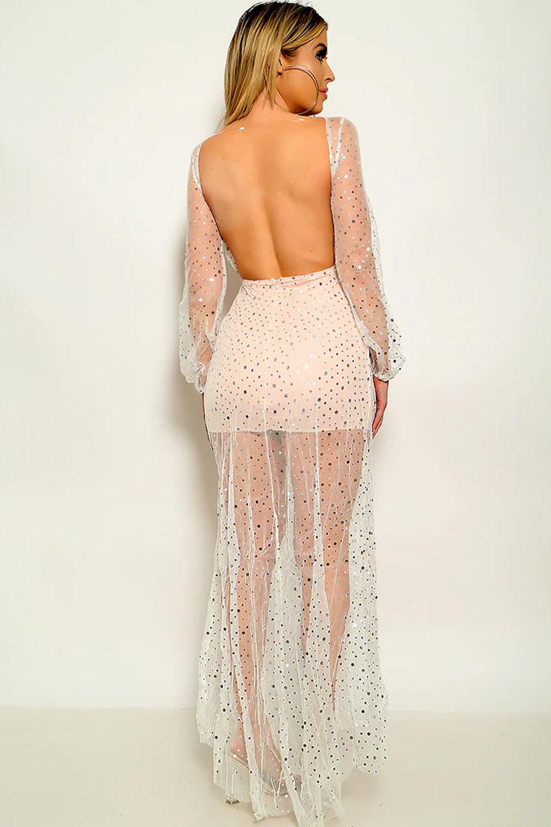 White Peach Disc Sequin Mesh Backless Maxi Party Dress - AMIClubwear