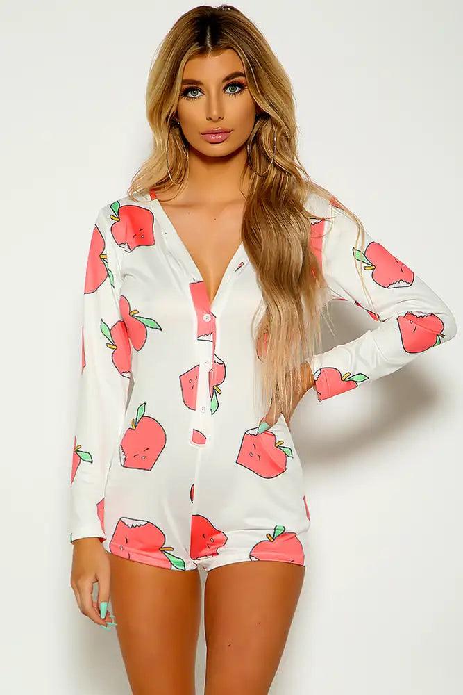 White Peach Print Button Up Romper - AMIClubwear