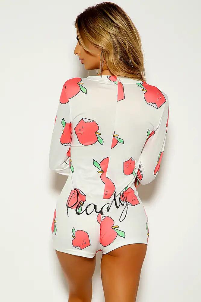 White Peach Print Button Up Romper - AMIClubwear