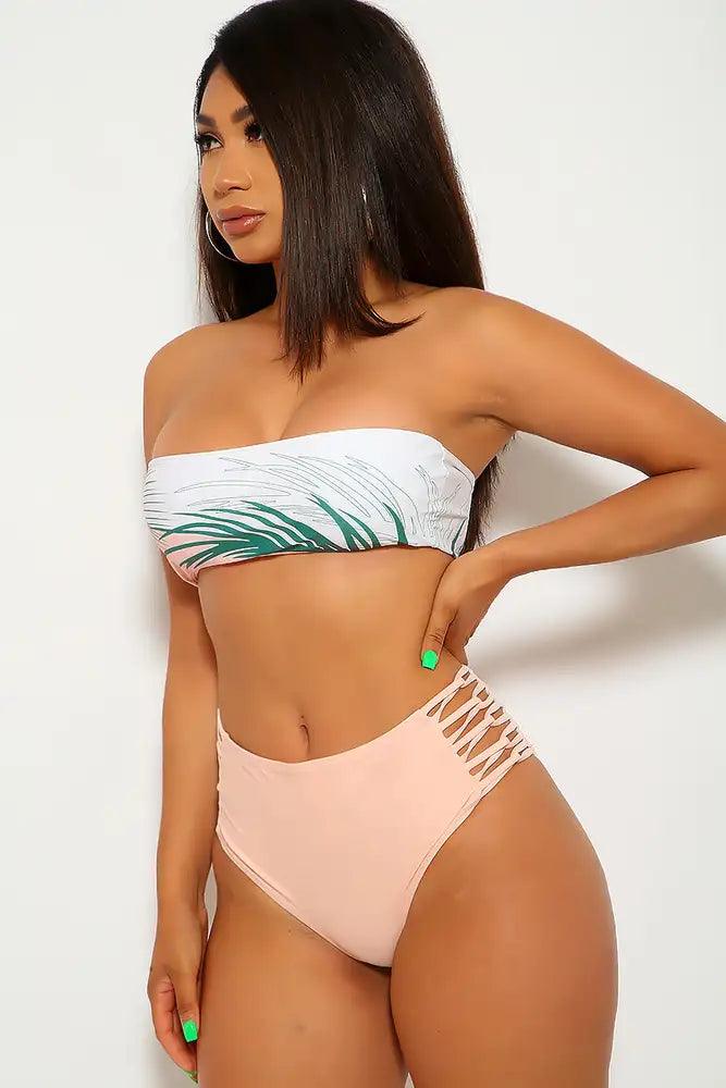 White Peach Printed Bandeau Strappy High Waist Two Piece Swimsuit - AMIClubwear