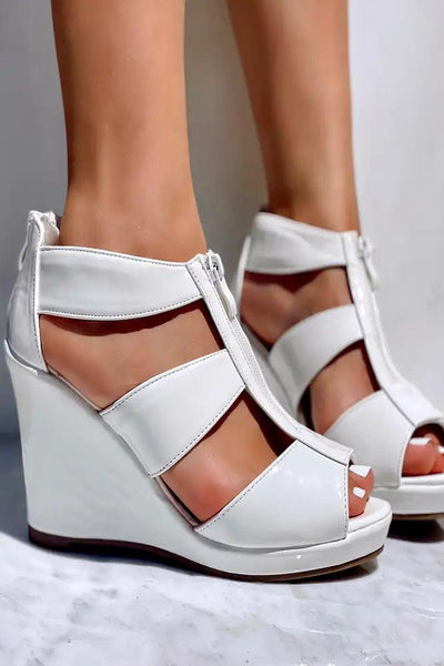 White Peep Toe Front Zipper Platform Wedges - AMIClubwear