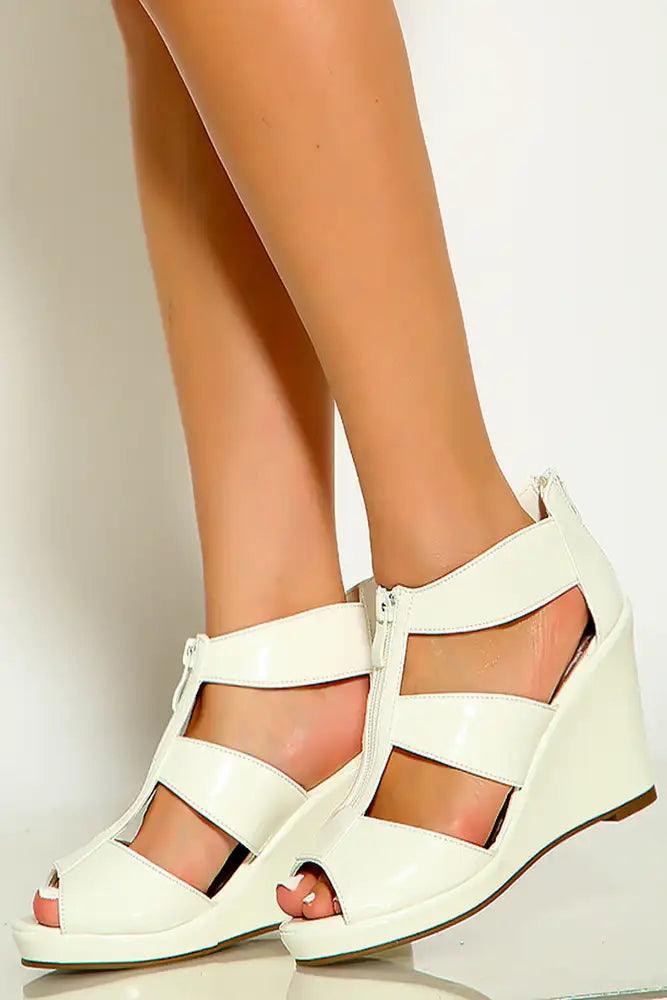 White Peep Toe Front Zipper Platform Wedges - AMIClubwear