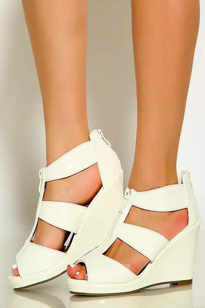 White Peep Toe Front Zipper Platform Wedges - AMIClubwear