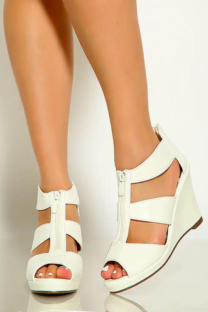 White Peep Toe Front Zipper Platform Wedges - AMIClubwear