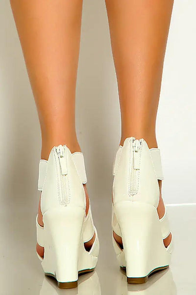 White Peep Toe Front Zipper Platform Wedges - AMIClubwear