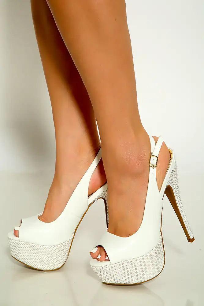 White Peep Toe Sling Back Platform High Heels Faux Leather - AMIClubwear