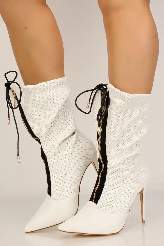 White Perforated Pointy Toe High Heel Booties - AMIClubwear
