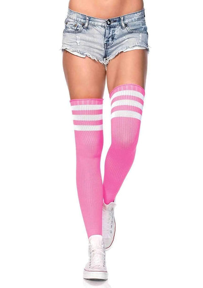 White Pink Athletic Thigh High Stockings - AMIClubwear