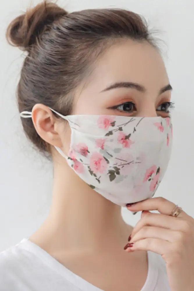 White Pink Floral Print Reusable Face Mask - AMIClubwear