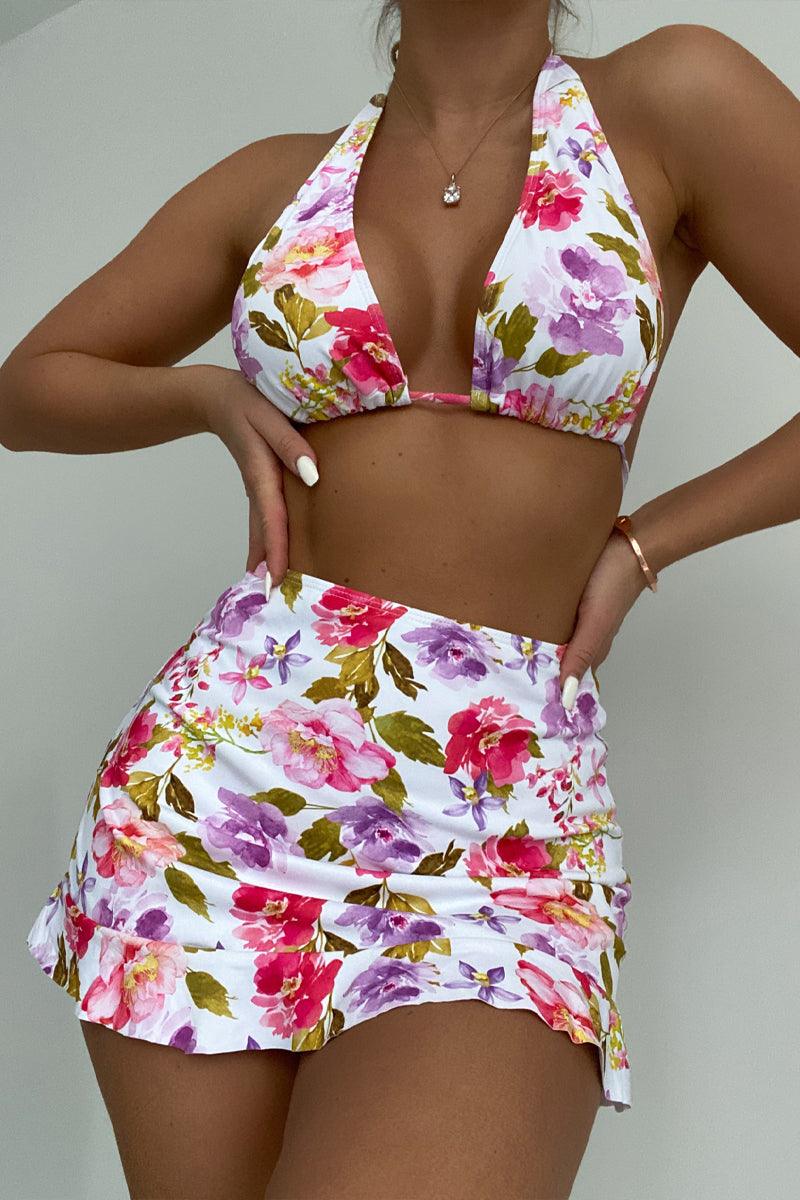 White Pink Floral Print Sexy Three Piece Swimsuit - AMIClubwear