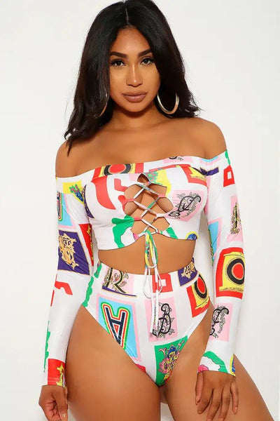 White Pink Graphic Print Two Piece Swimsuit - AMIClubwear