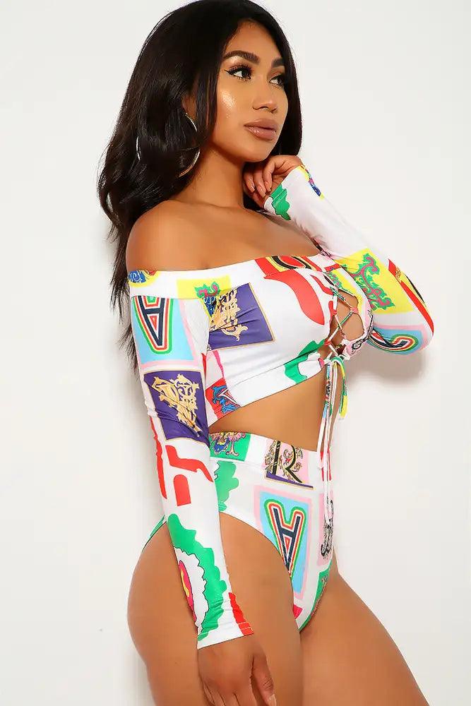 White Pink Graphic Print Two Piece Swimsuit - AMIClubwear