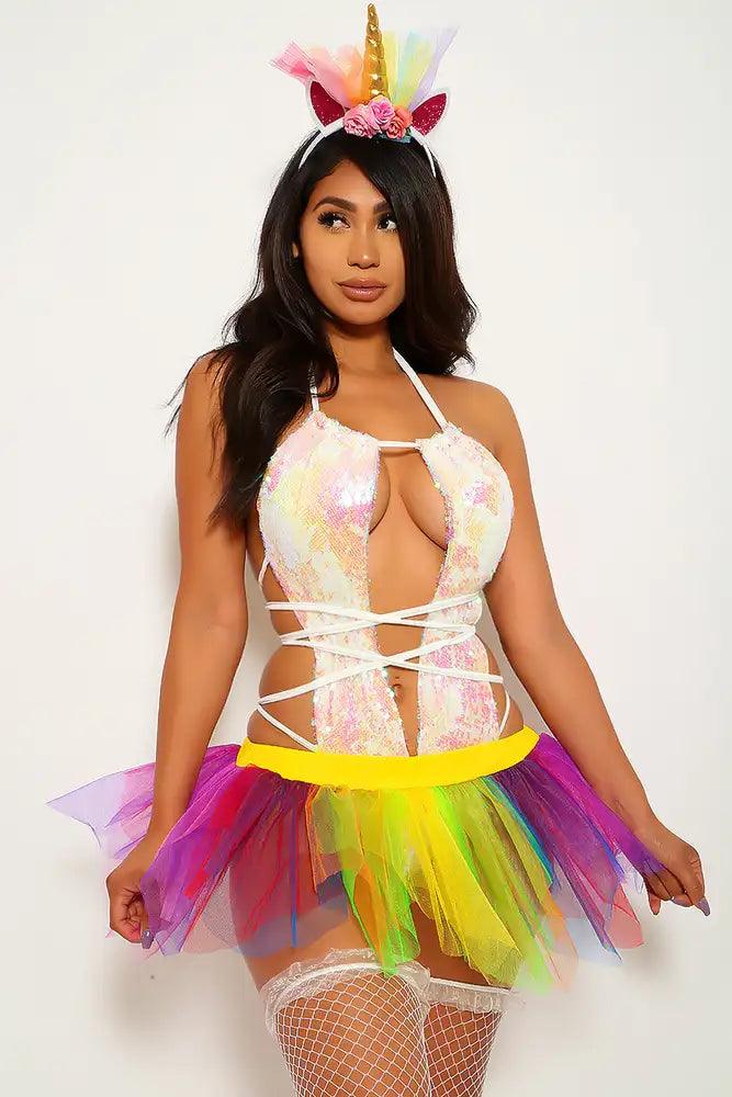 White Pink Holographic Sequin 1 Pc. Bodysuit Costume - AMIClubwear