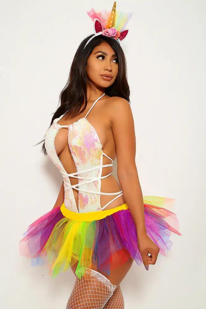 White Pink Holographic Sequin 1 Pc. Bodysuit Costume - AMIClubwear