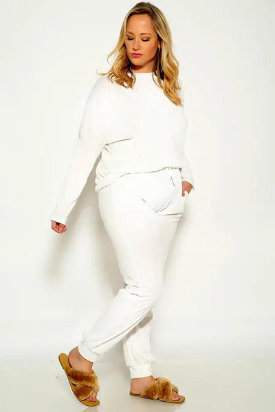 White Plus Size Long Sleeve Comfortable Two Piece Lounge Wear Outfit - AMIClubwear
