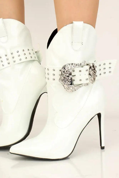 White Pointy Toe Buckle Studded Booties - AMIClubwear