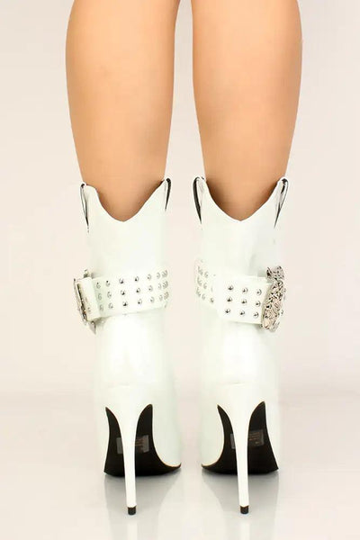 White Pointy Toe Buckle Studded Booties - AMIClubwear