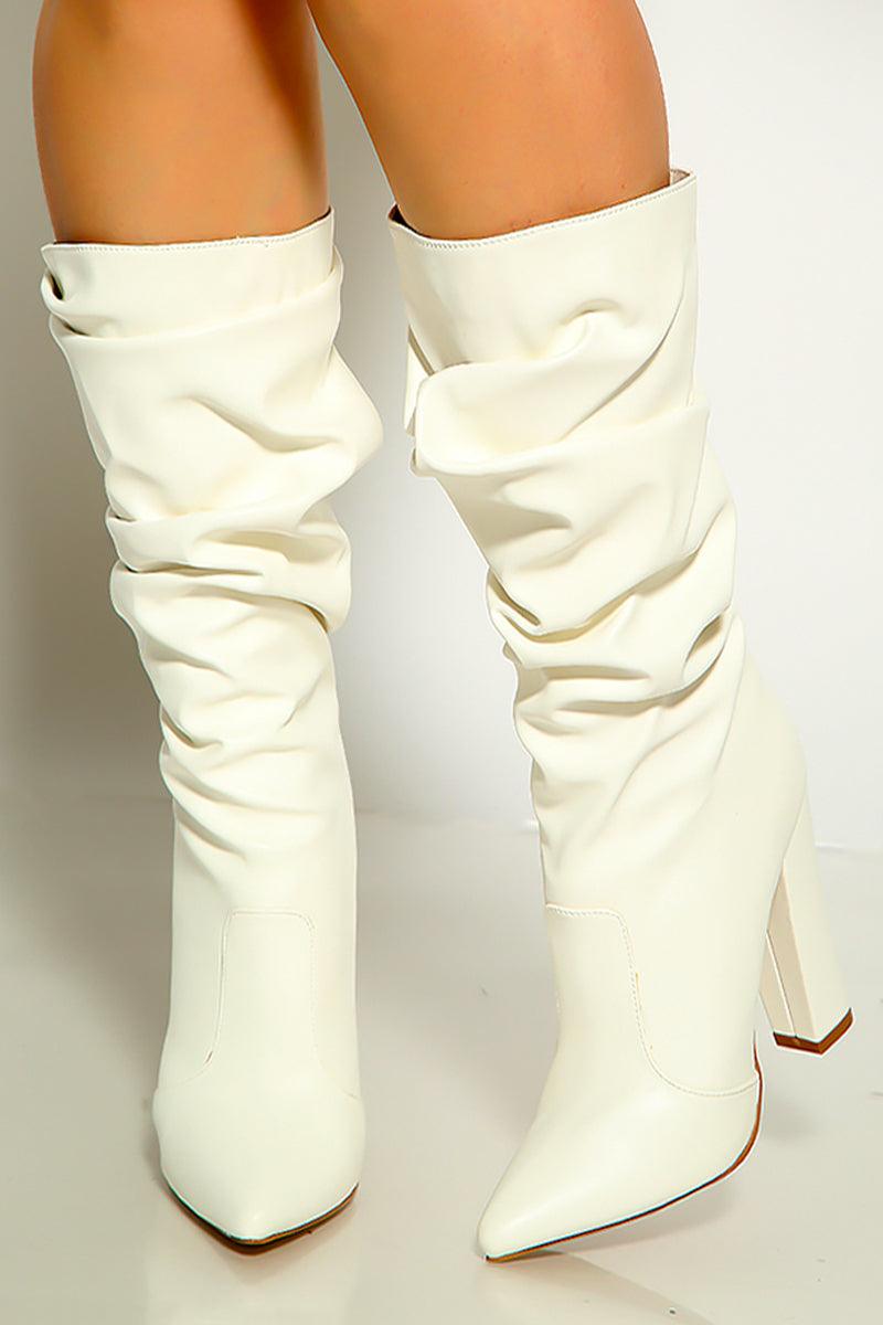 White Pointy Toe Rucked Chunky Heel Booties - AMIClubwear