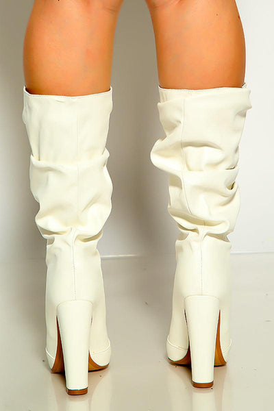 White Pointy Toe Rucked Chunky Heel Booties - AMIClubwear