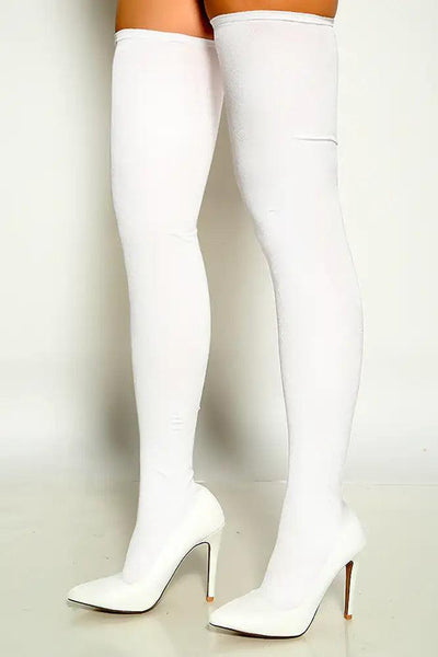 White Pointy Toe Stretchy Thigh High Heel Boots - AMIClubwear