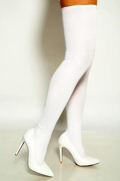 White Pointy Toe Stretchy Thigh High Heel Boots - AMIClubwear