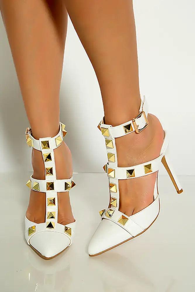 White Pointy Toe Studded T-Strap High Heels - AMIClubwear
