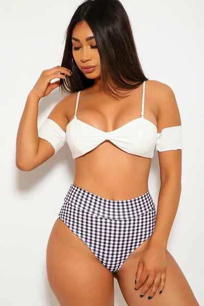 White Polka Dot Print Ribbed Two Piece Swimsuit - AMIClubwear