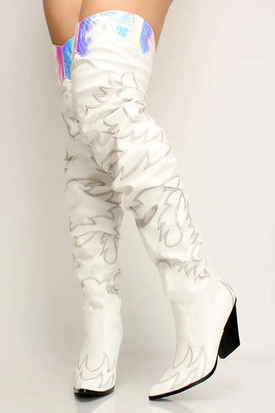 White Printed Thigh High Chunky Boots - AMIClubwear