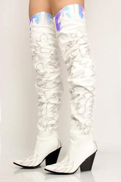 White Printed Thigh High Chunky Boots - AMIClubwear